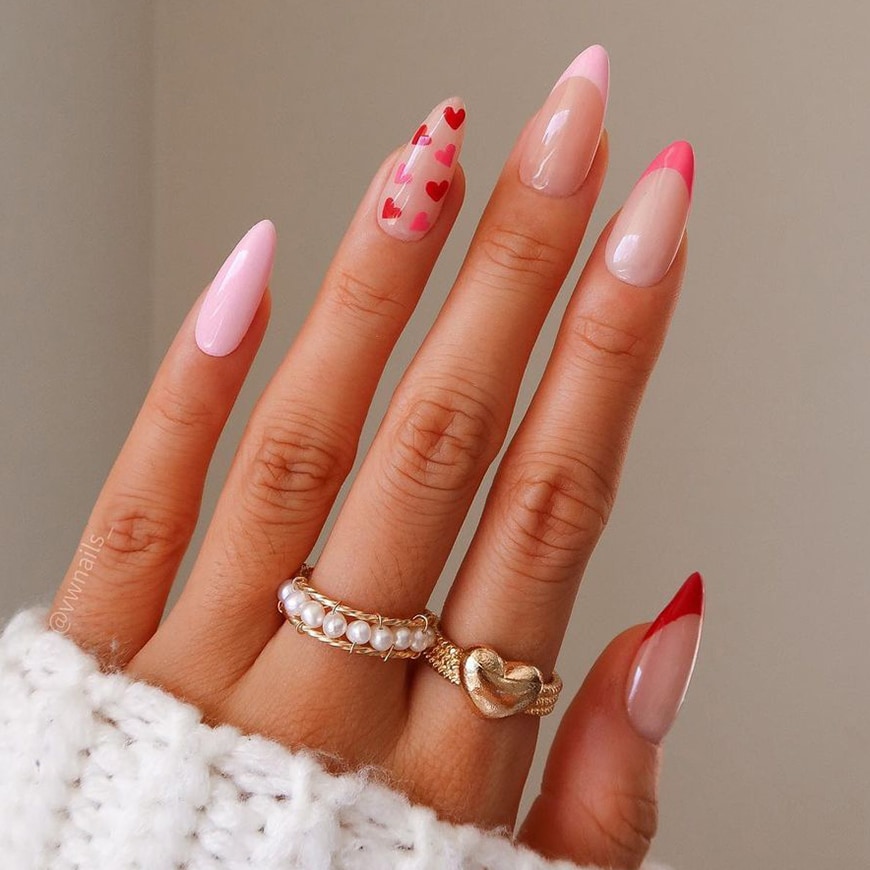 @vwnails_ has pink and red French tips on two nails, one fully pink nail and one nail with tiny pink and red hearts. | ASOS Style feed