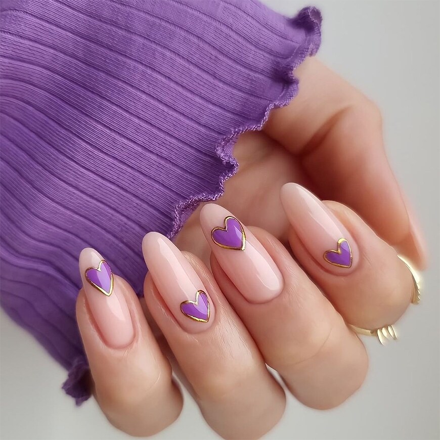 @thehotblend has clear nails with purple hearts lined by gold glitter. | ASOS Style Feed
