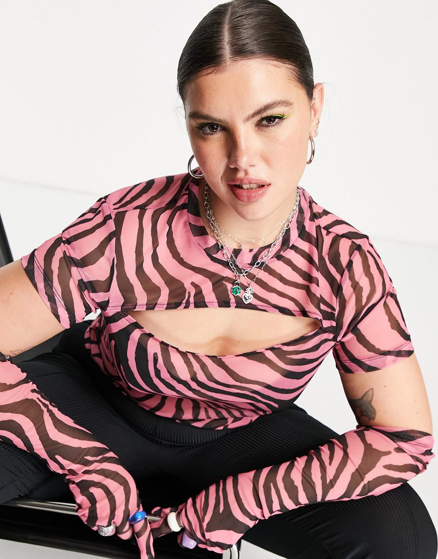 ASOS DESIGN Curve mesh top with cut out front and gloves in pink animal print | ASOS Style Feed