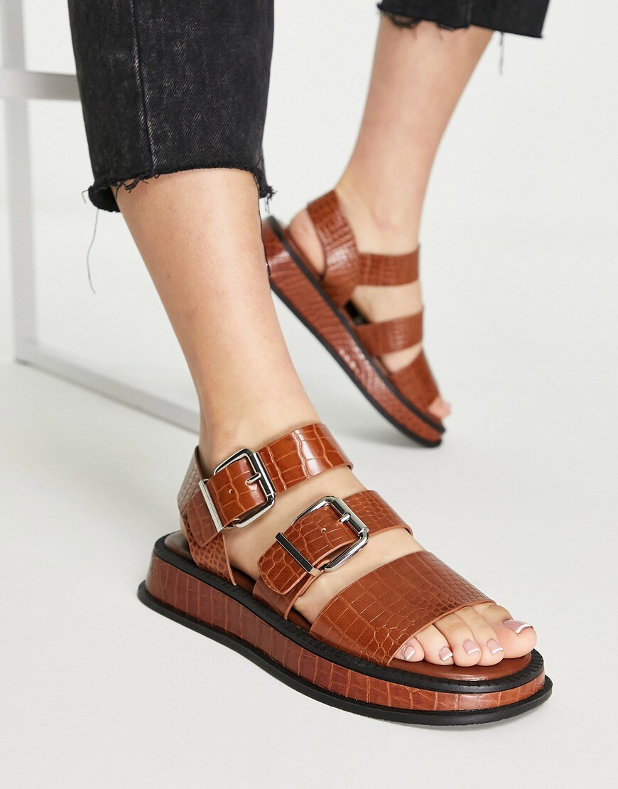 Topshop Phoenix chunky buckle strap sandal in brown croc | ASOS Style Feed