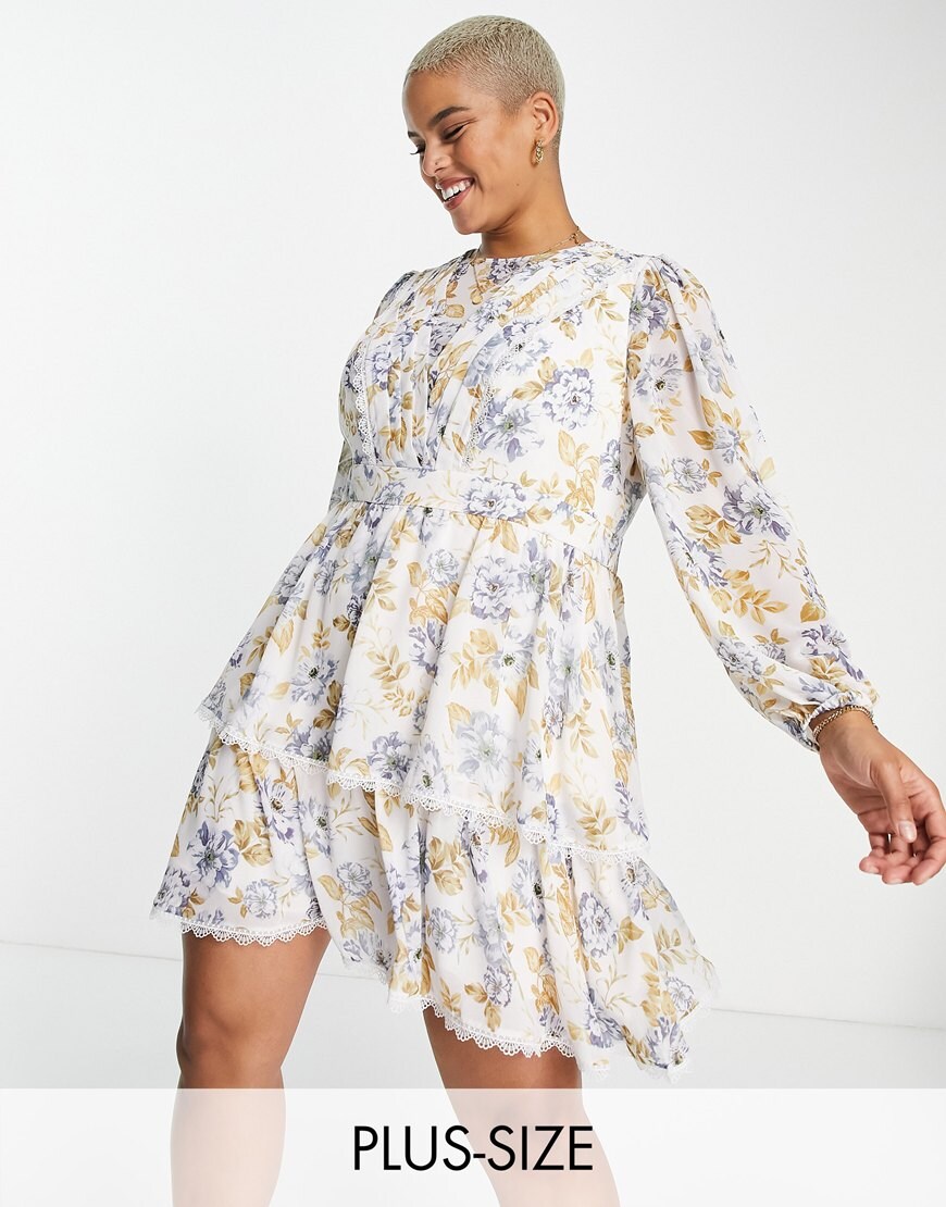Forever New Curve lace trim spliced mini dress in blue floral | ASOS Style Feed