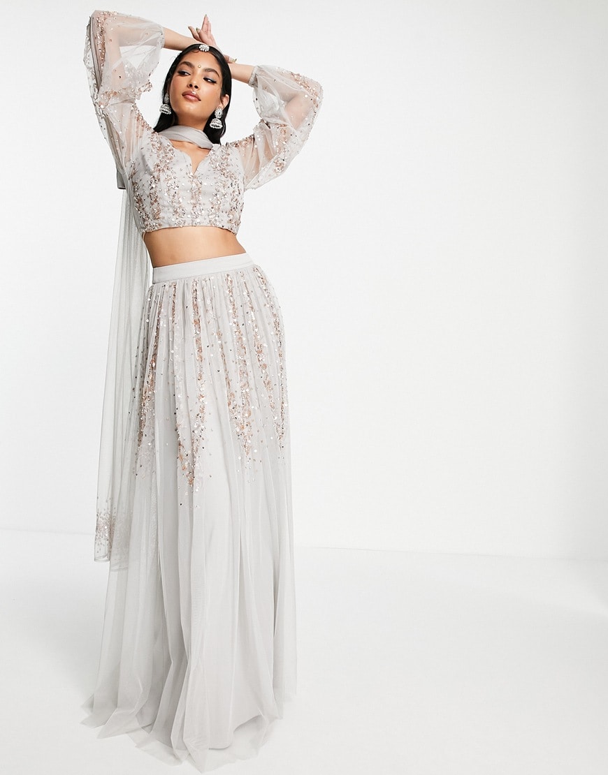 Maya all over embellished lehenga crop and maxi skirt in grey