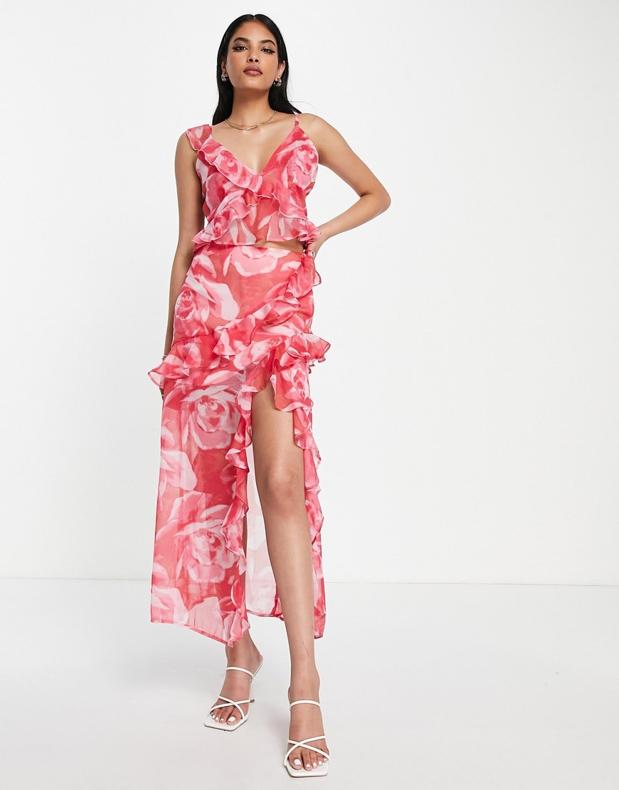 ASOS DESIGN soft cami top with ruffle in pink floral co-ord