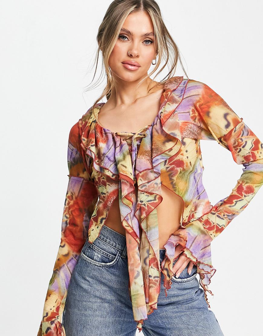 Jaded London frilly mesh blouse with lace up front in multi