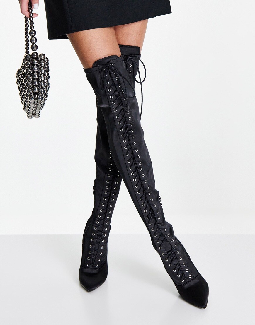 ASOS DESIGN Kiss pointed lace up over the knee boots in black satin | ASOS Style Feed