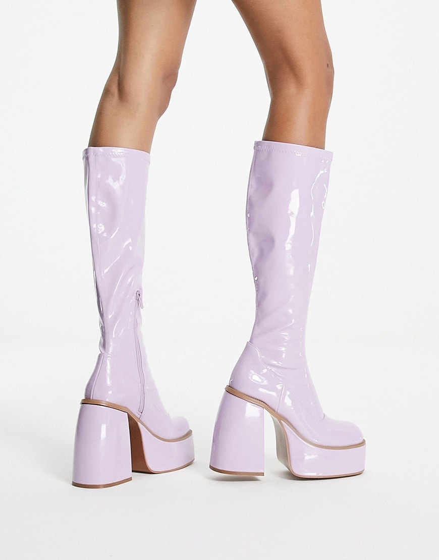 ASOS DESIGN Chaos chunky platform knee boots in lilac | ASOS Style Feed