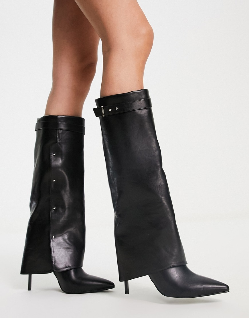 ASOS DESIGN Clearly high-heeled fold over knee boots in black | ASOS Style Feed