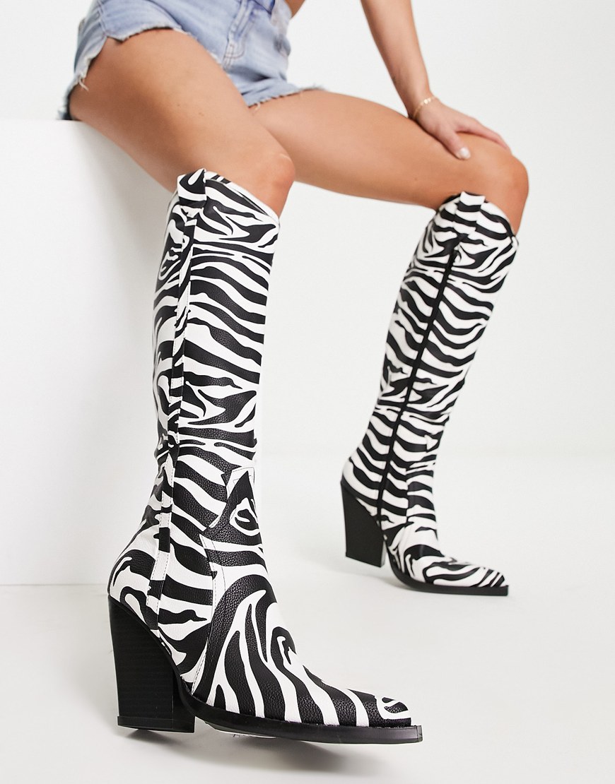 ASOS DESIGN Catapult heeled western knee boots in zebra | ASOS Style Feed