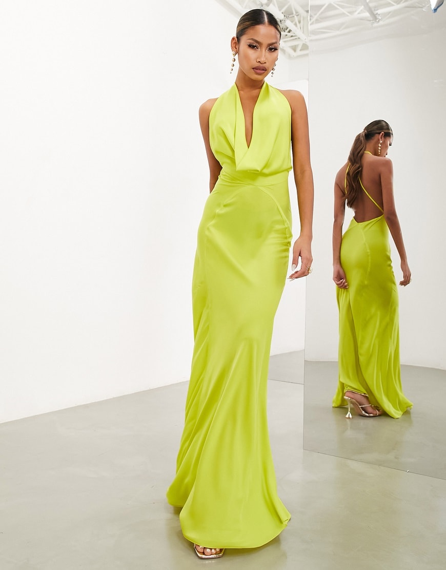 ASOS EDITION satin statement cowl neck maxi dress in lime green | ASOS Style Feed