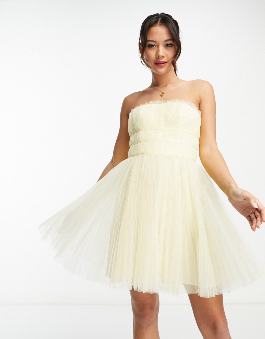 ASOS DESIGN tulle channeled bodice mini dress in lemon yellow