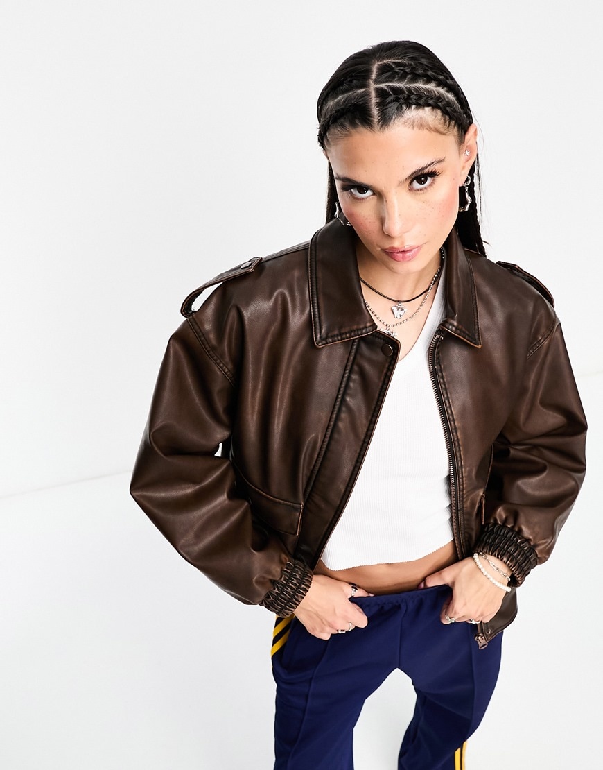 Stradivarius STR faux leather oversized moto jacket in washed brown