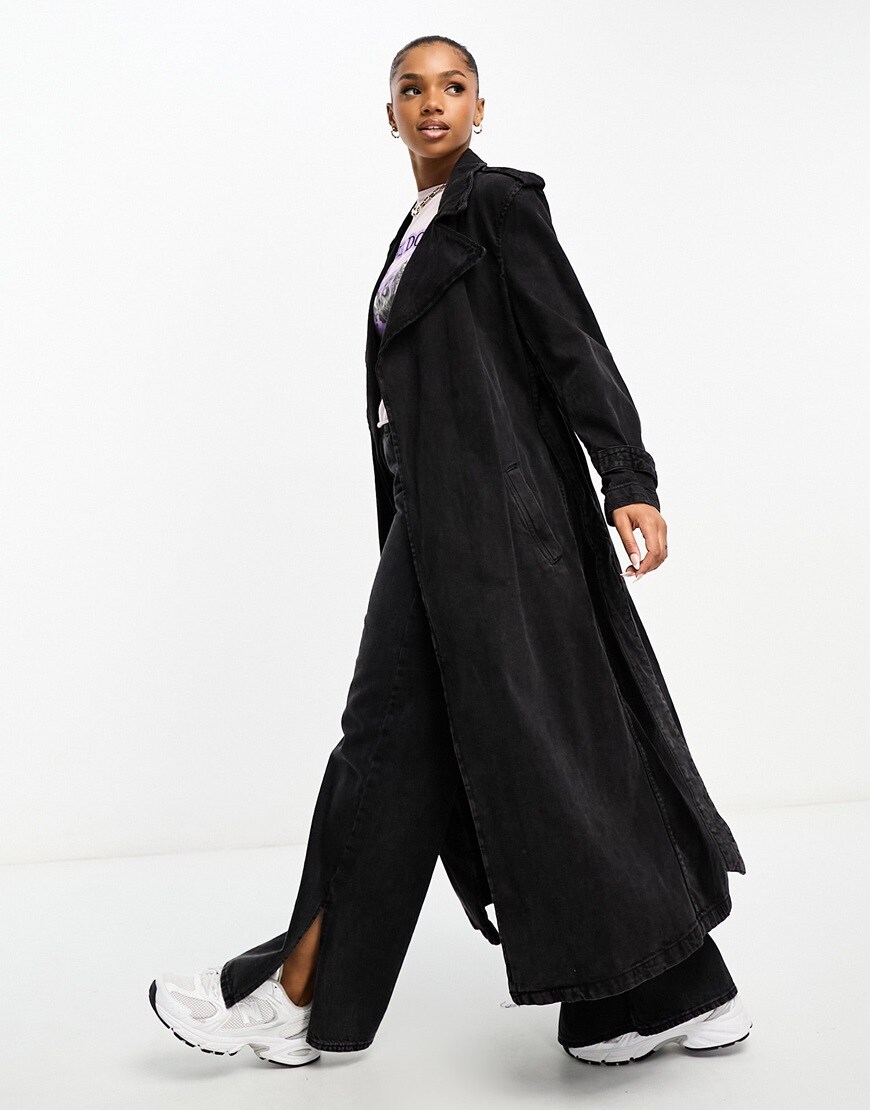 Bershka denim look trench coat in washed black