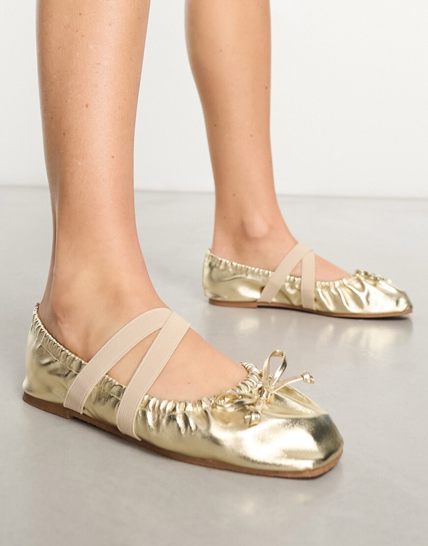 ASOS DESIGN Los Angeles ruched ballet flats with elastic strap in gold