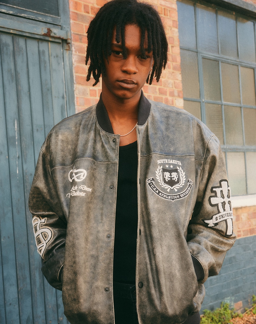 model wearing leather jacket