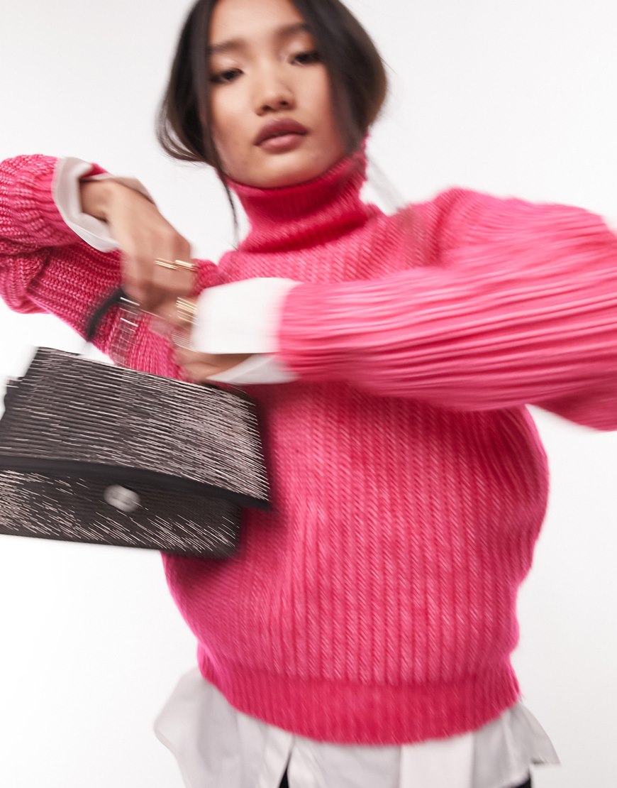 Topshop knit cropped roll neck sweater in pink