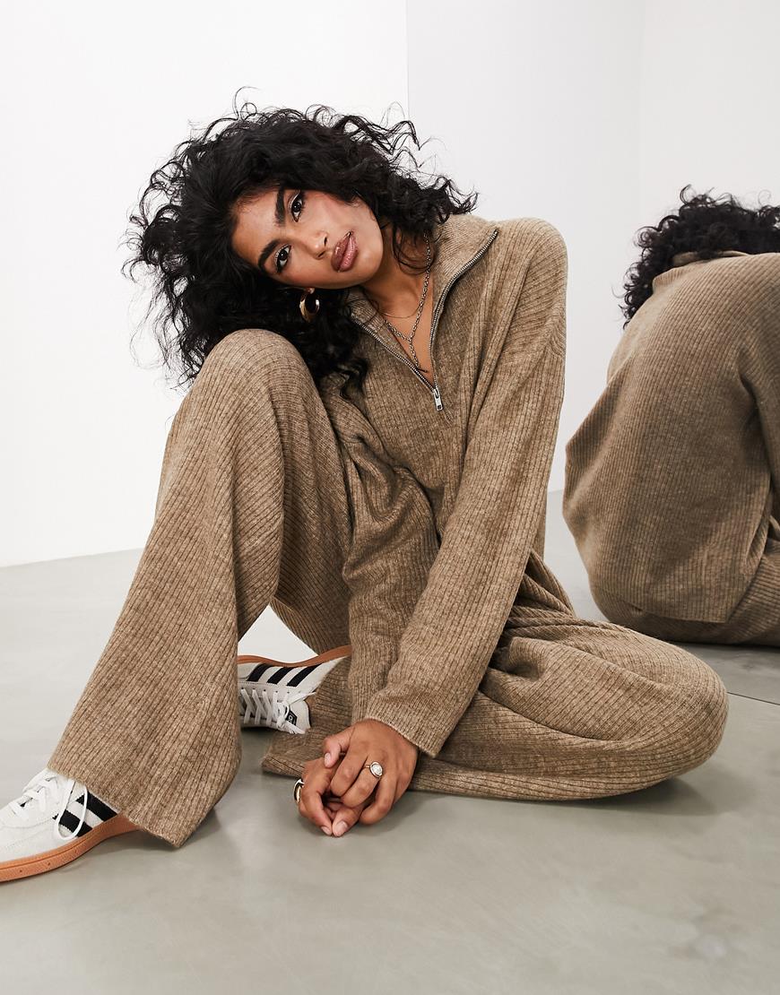 ASOS EDITION ribbed knitted zip jumper and trouser co-ord in taupe