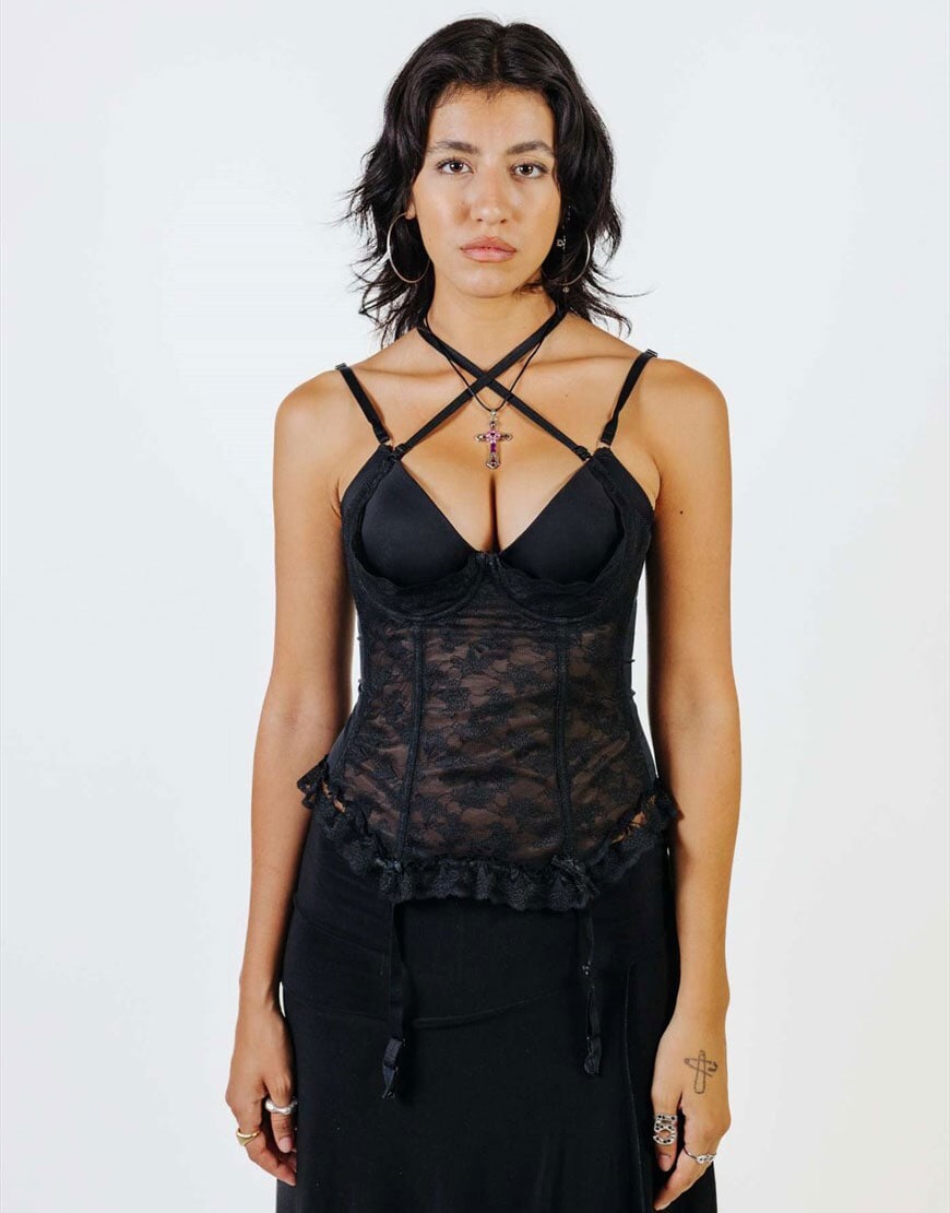 Woman wearing black lace corset | ASOS Style Feed