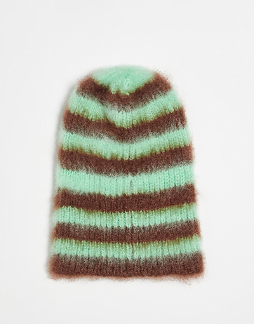 COLLUSION Unisex fluffy beanie in green and brown multi stripe | ASOS Style Feed