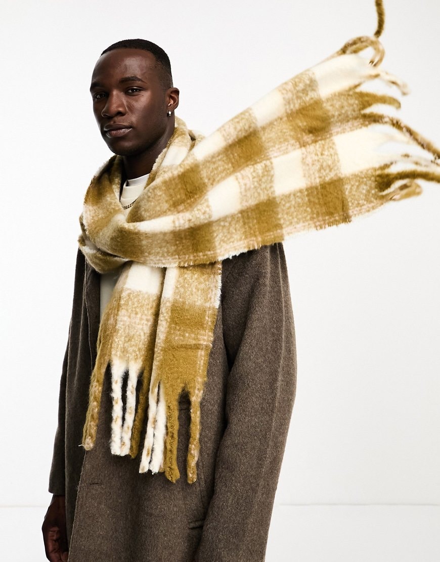 ASOS DESIGN fluffy scarf in olive check
