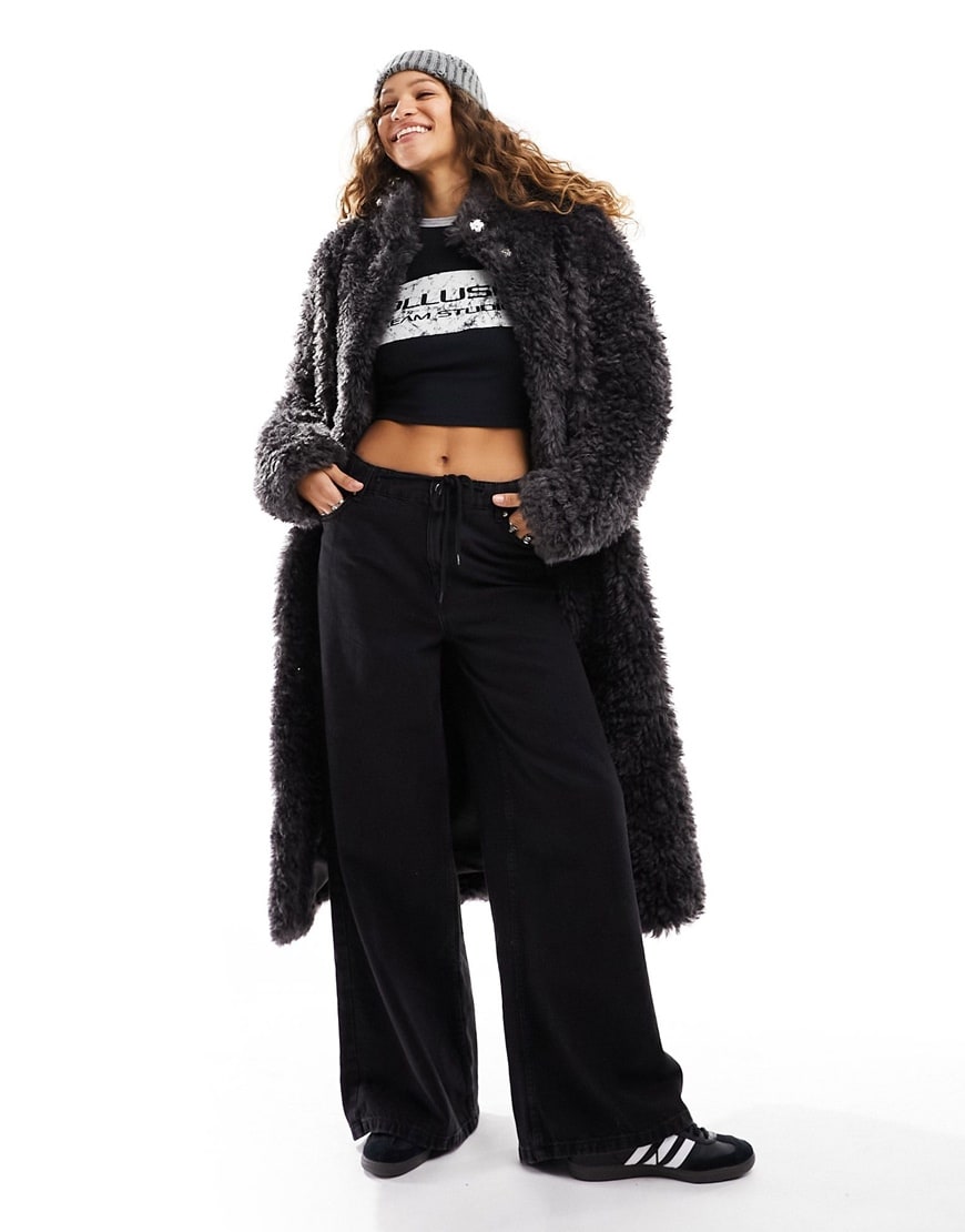 ASOS DESIGN longline curly faux sheepskin coat in charcoal