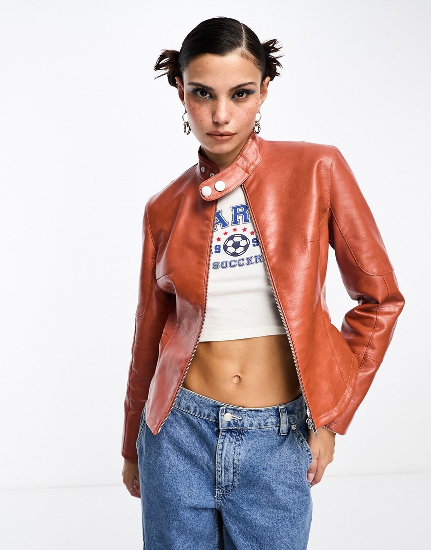 COLLUSION motocross faux leather cropped biker jacket in burnt orange