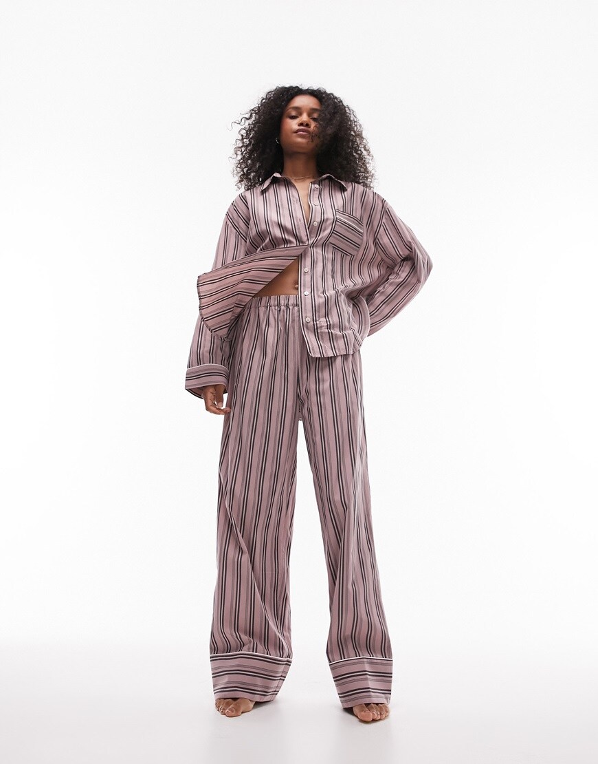 Topshop cotton stripe pajama shirt and pants set in pink