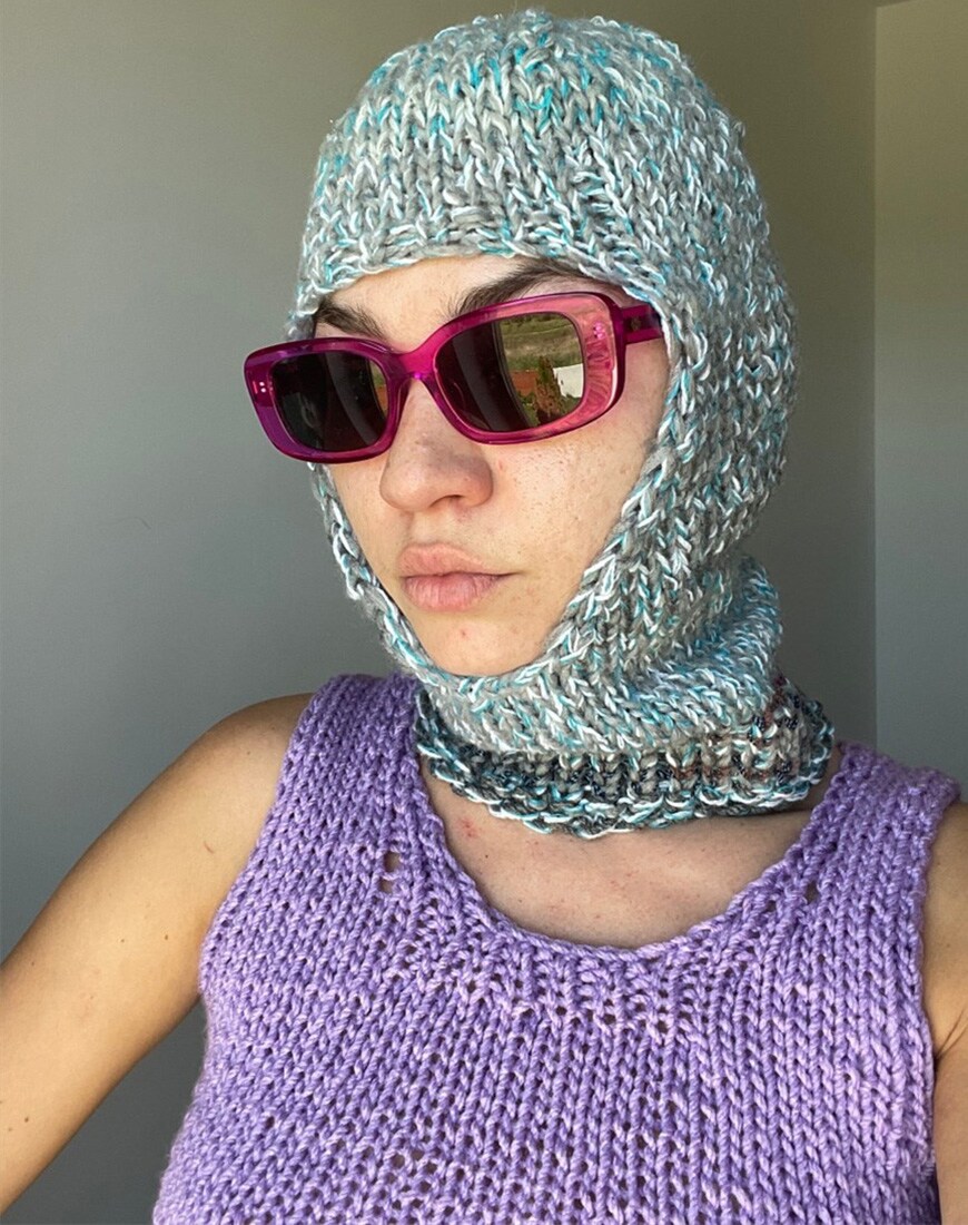 model wearing knitted balaclava