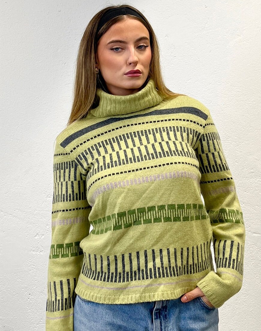 model wearing green sweater