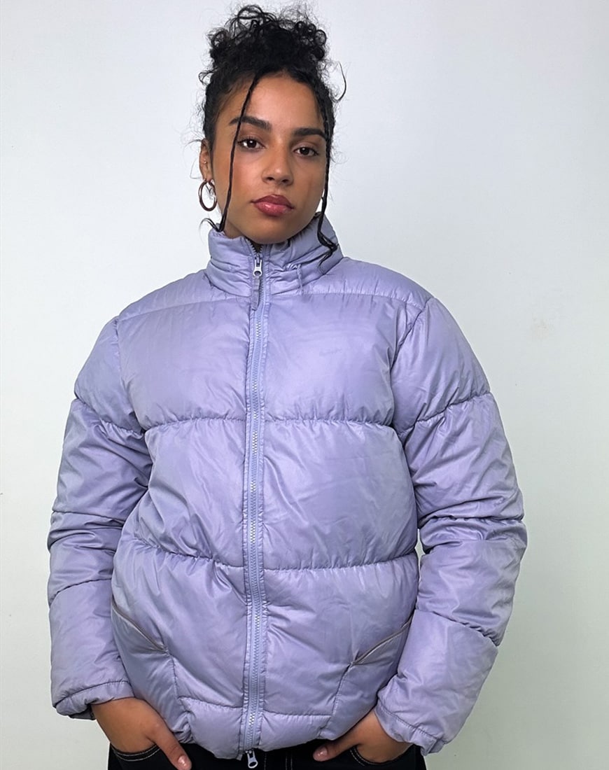 model wearing lilac puffer jacket