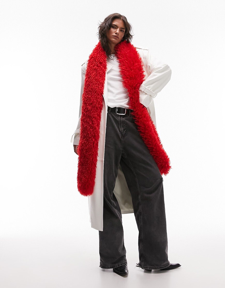 model wearing red scarf