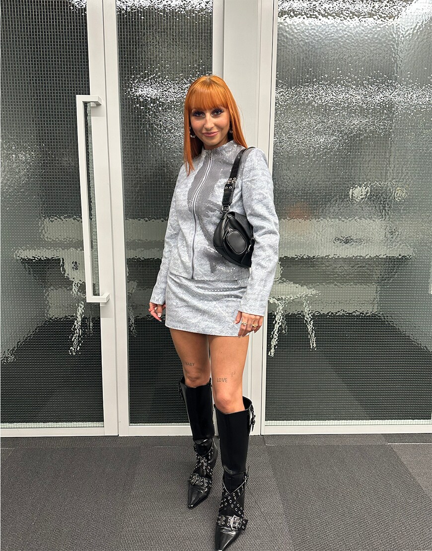 model wearing silver co ord