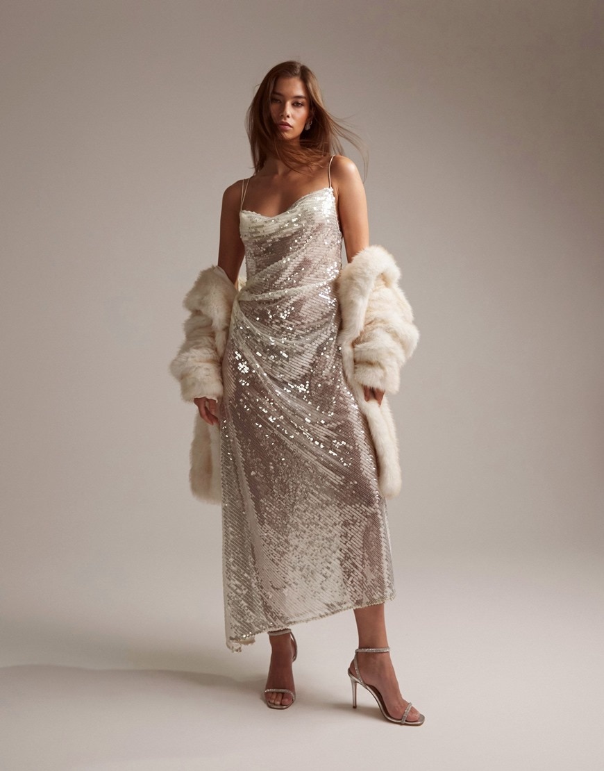 ASOS DESIGN bridal asymmetric bias draped cami midaxi dress in sheer sequin | ASOS Style Feed