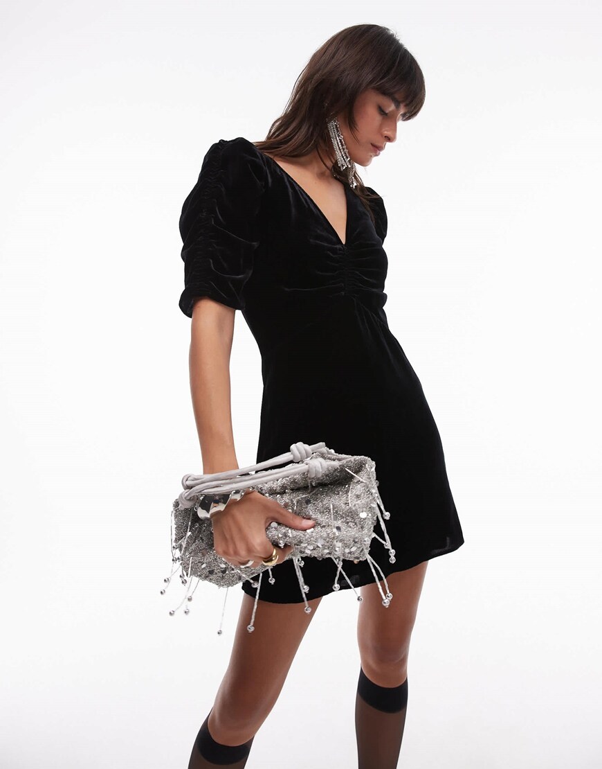 & Other Stories velvet mini dress with ruche front bodice and puff sleeves in black | ASOS Style Feed