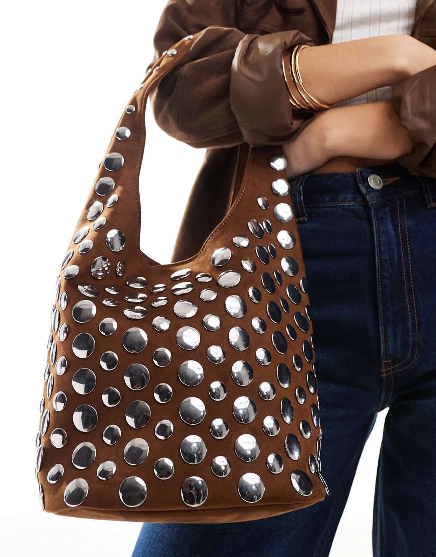 Stradivarius studded shoulder bag in brown | ASOS Style Feed