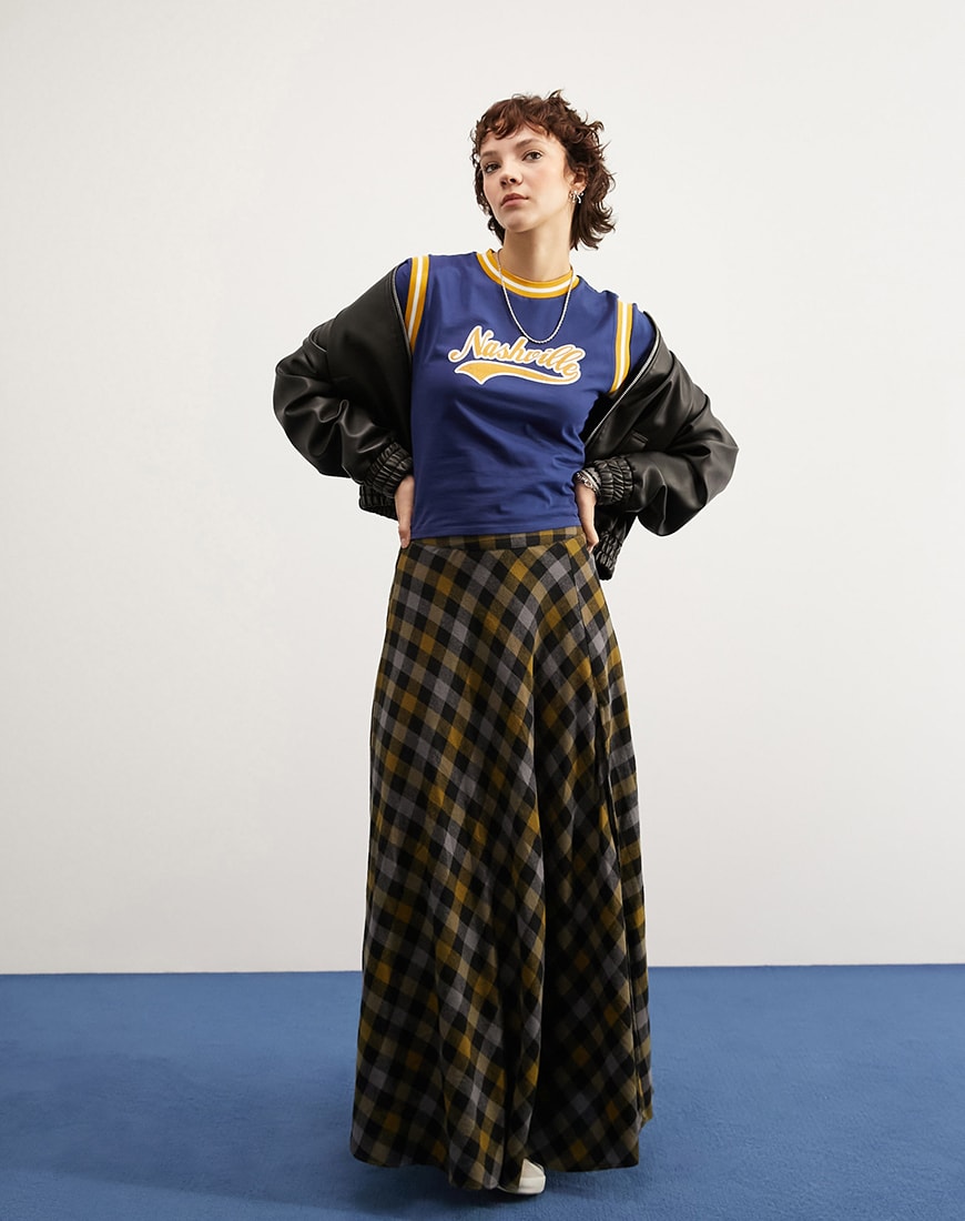 Long check skirt