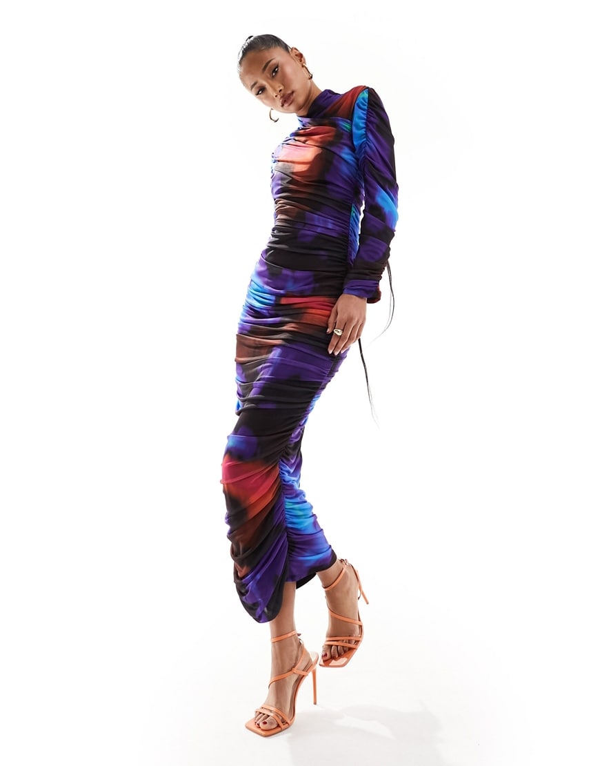 Daska long sleeved ruched midi dress in navy print | ASOS Style Feed