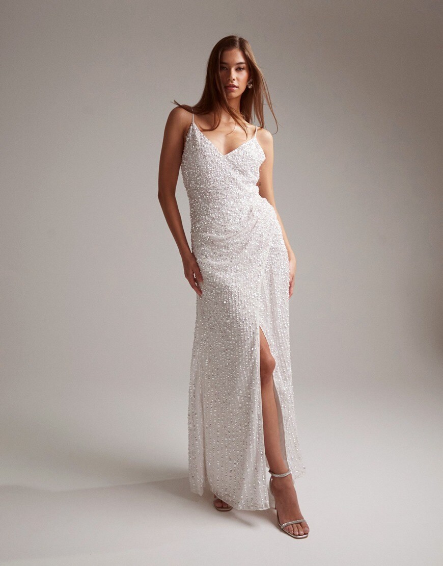 ASOS DESIGN Nia embellished drape side cami maxi wedding dress in | ASOS Style Feed