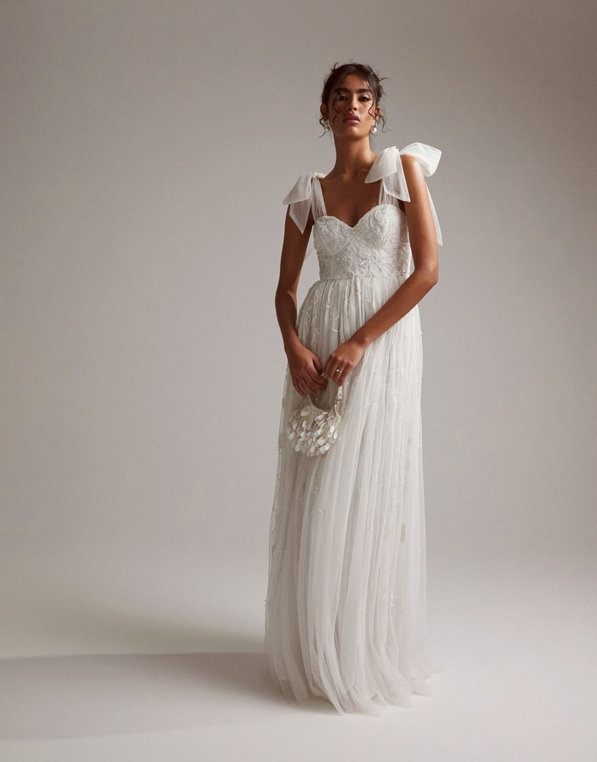 ASOS DESIGN Mila floral embellished mesh wedding dress with tie straps in | ASOS Style Feed