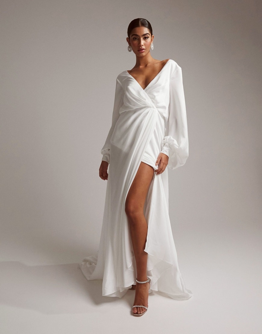 ASOS DESIGN Mary satin wedding dress with drape bow back and blouson sleeve in | ASOS Style Feed