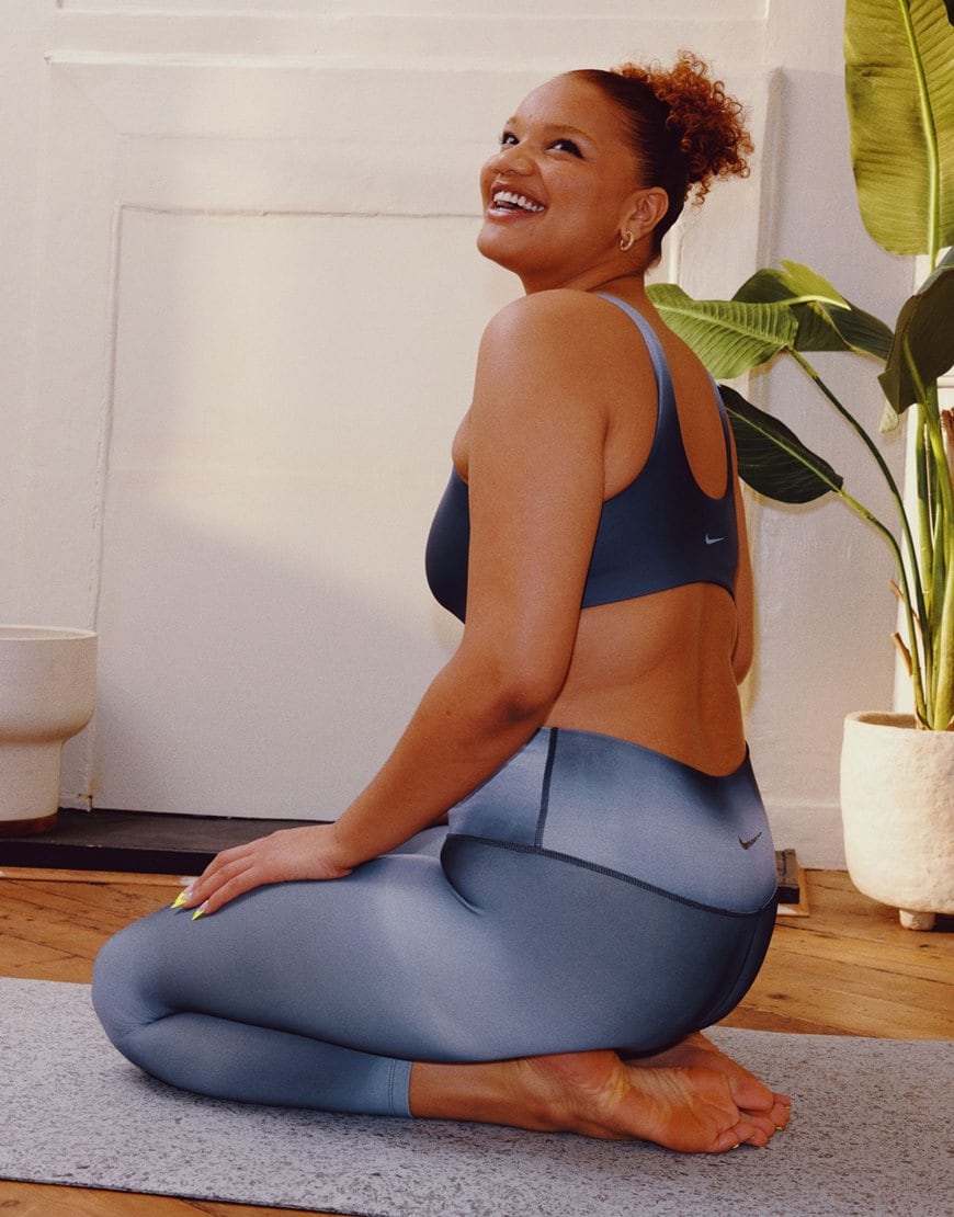 model wearing blue ombre yoga leggings