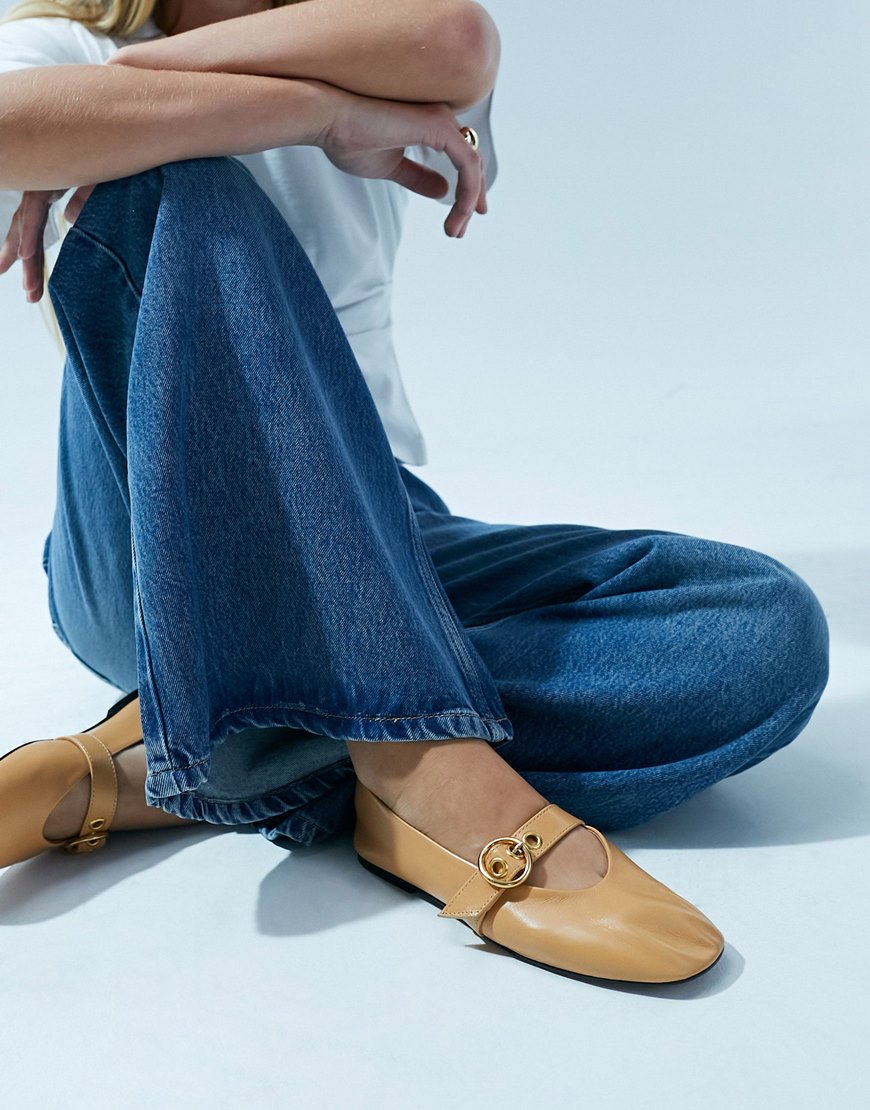 ASOS DESIGN Lavish Premium Leather Mary jane ballet flats in tan