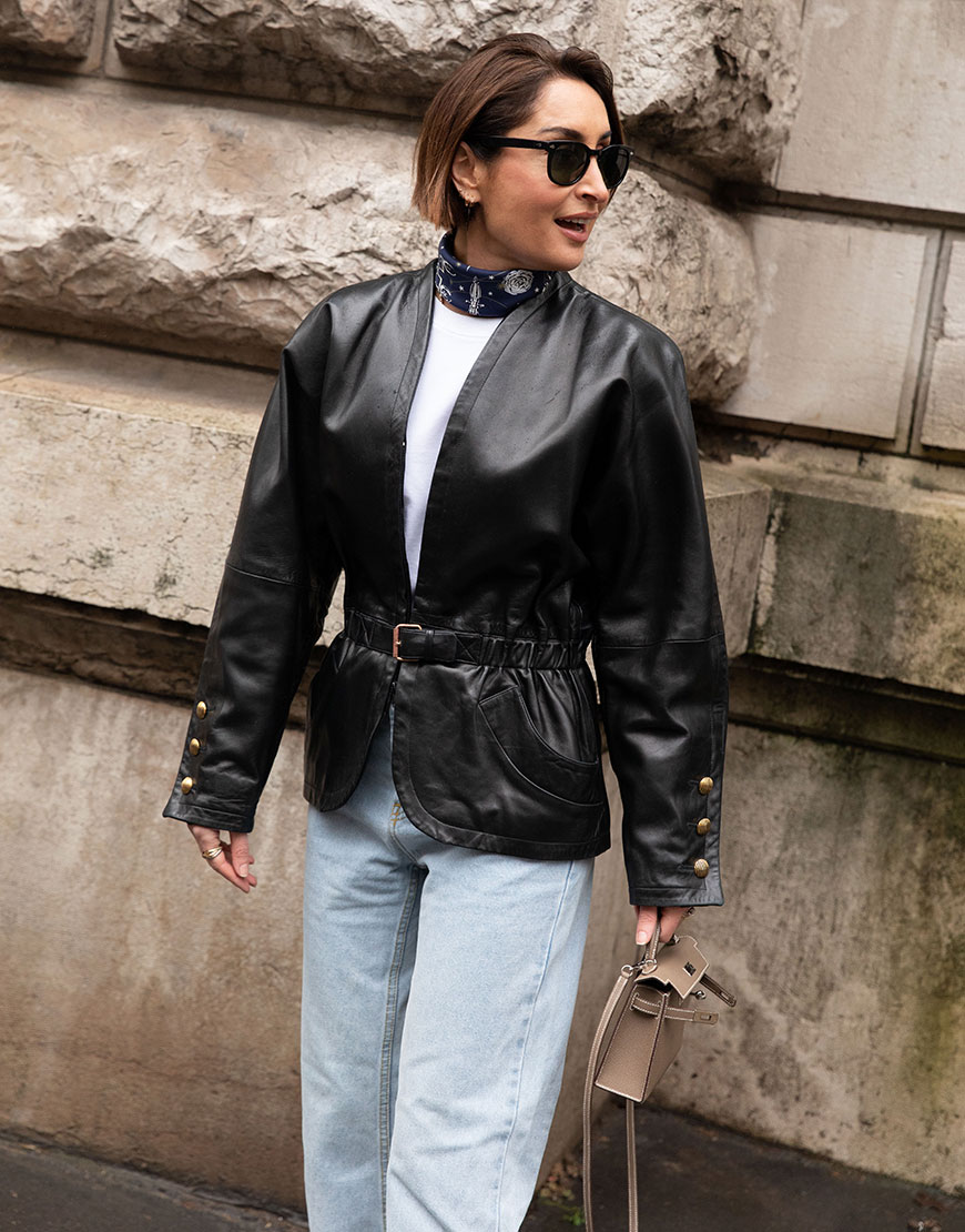 Model wearing black leather jacket | ASOS Style Feed