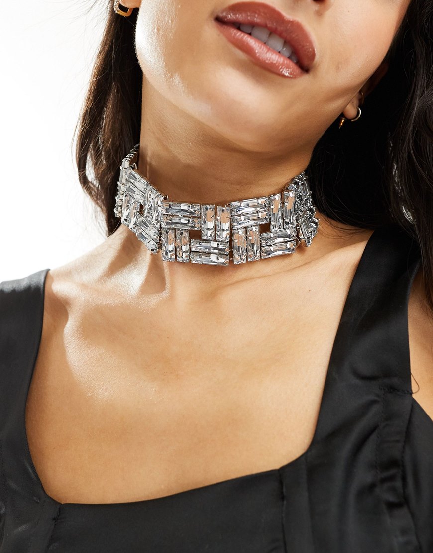 Model wearing choker necklace with square baguette crystal design | ASOS Style Feed