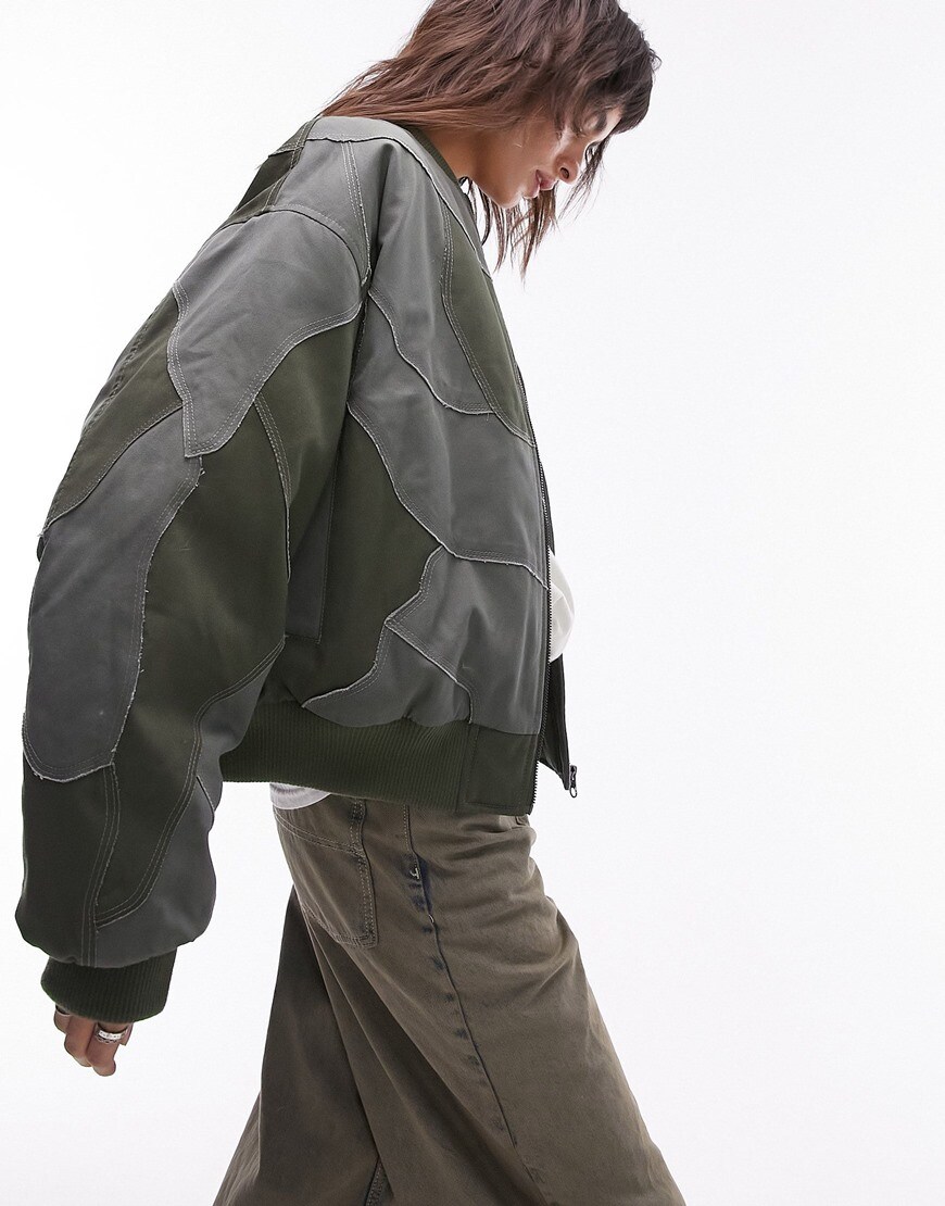 Topshop patchwork bomber jacket in green | ASOS Style Feed