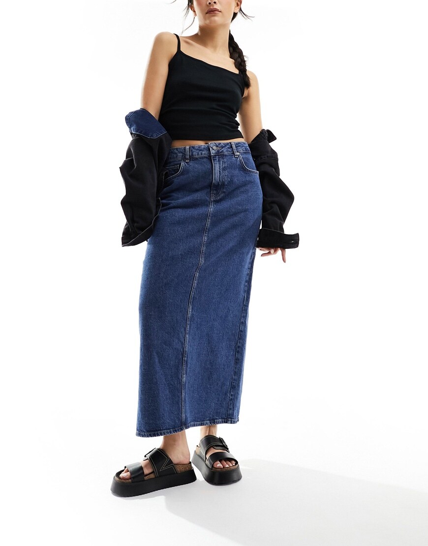 Dark blue denim maxi skirt