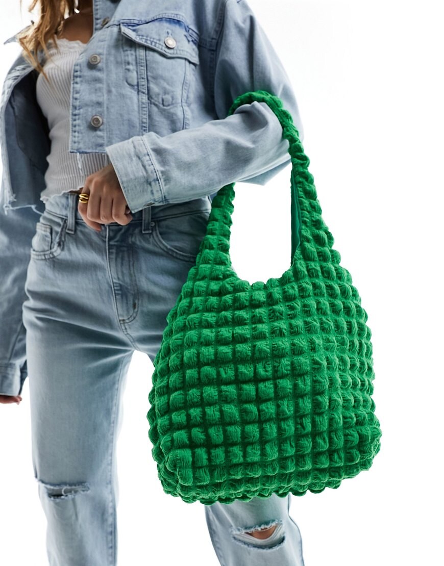 Bright green popcorn textured shoulder bag