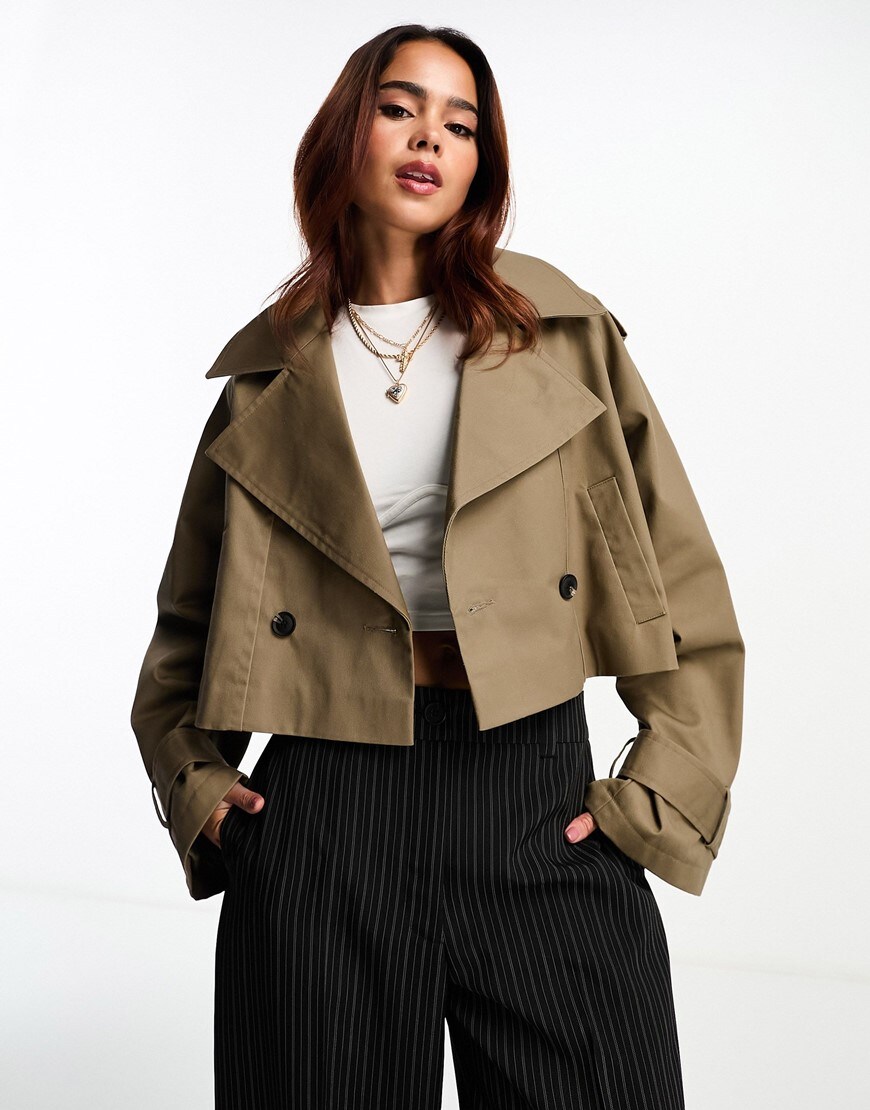 Dark olive cropped trench coat with black buttons
