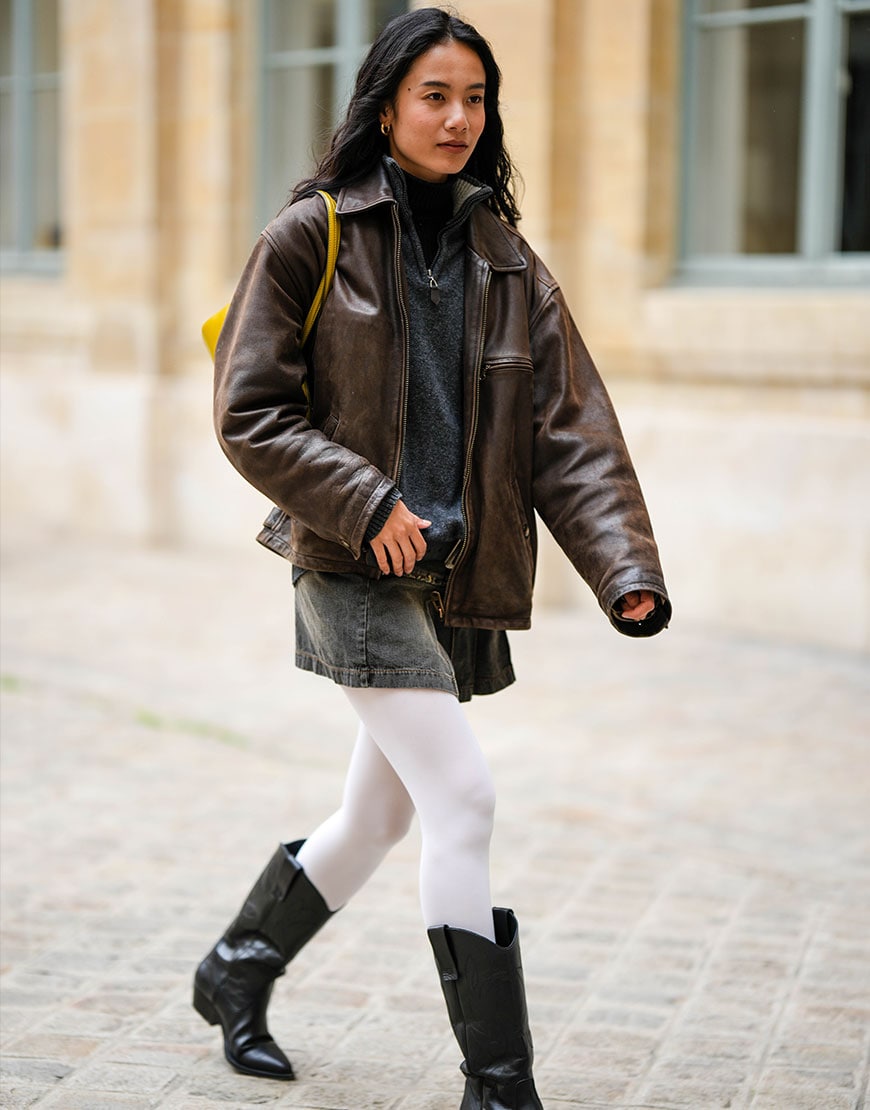 Woman wearing leather jacket and cowboy boots | ASOS Style Feed