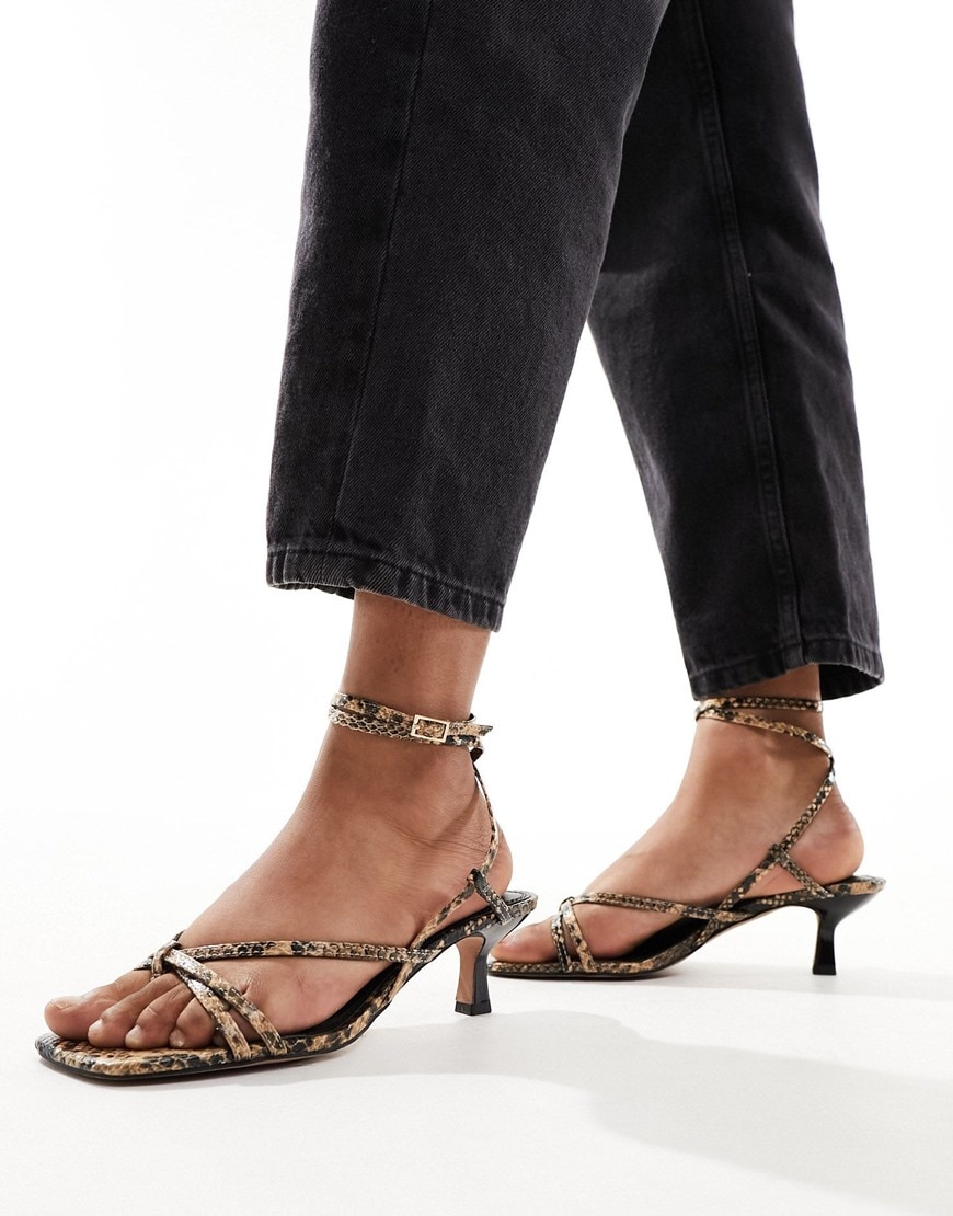 Snake print kitten heels with ankle tie detail
