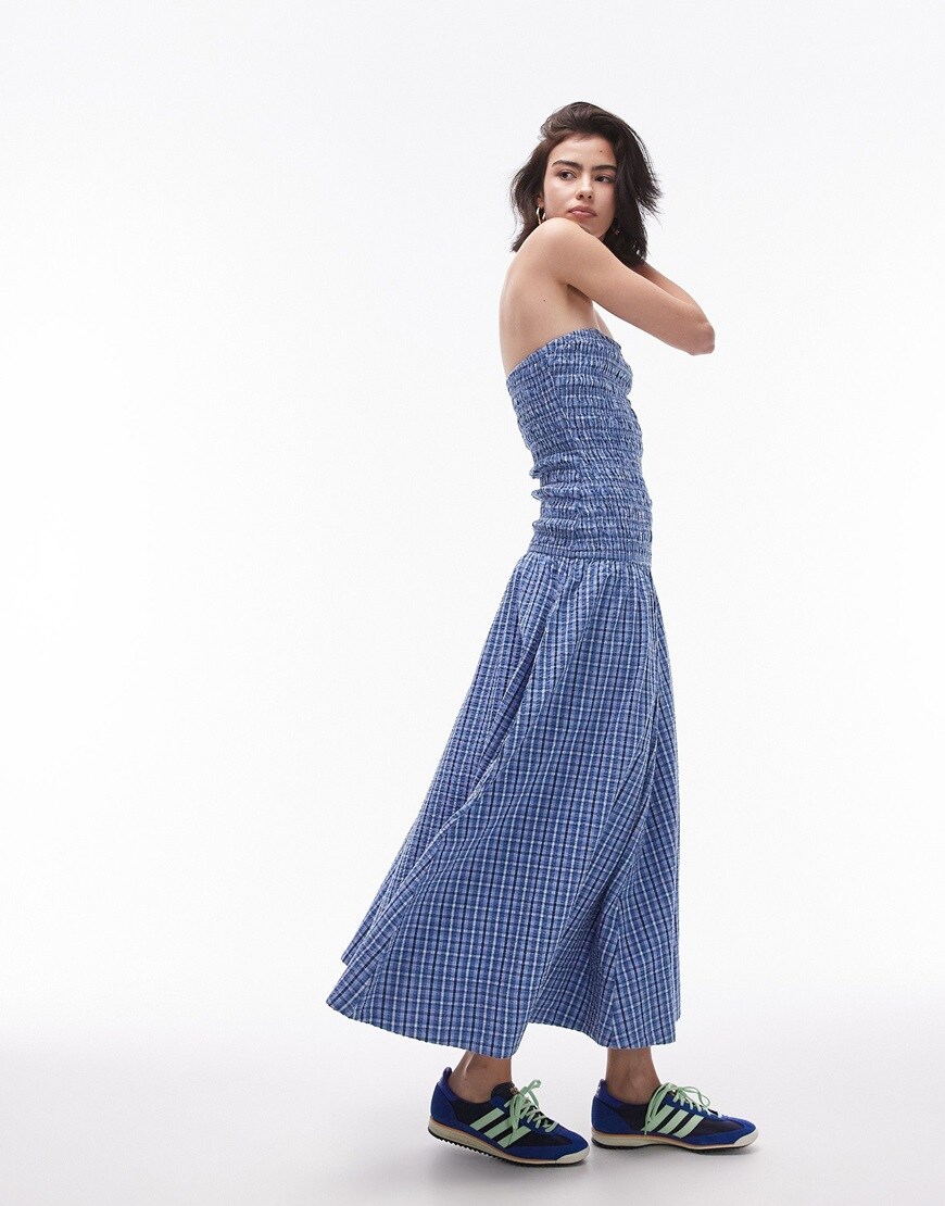 Model wearing Topshop shirring check bandeau maxi dress in blue | ASOS Style Feed